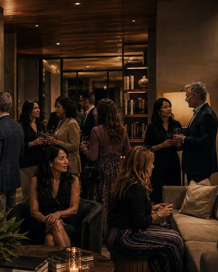 Guests in conversation at a rooftop gathering above the city at night