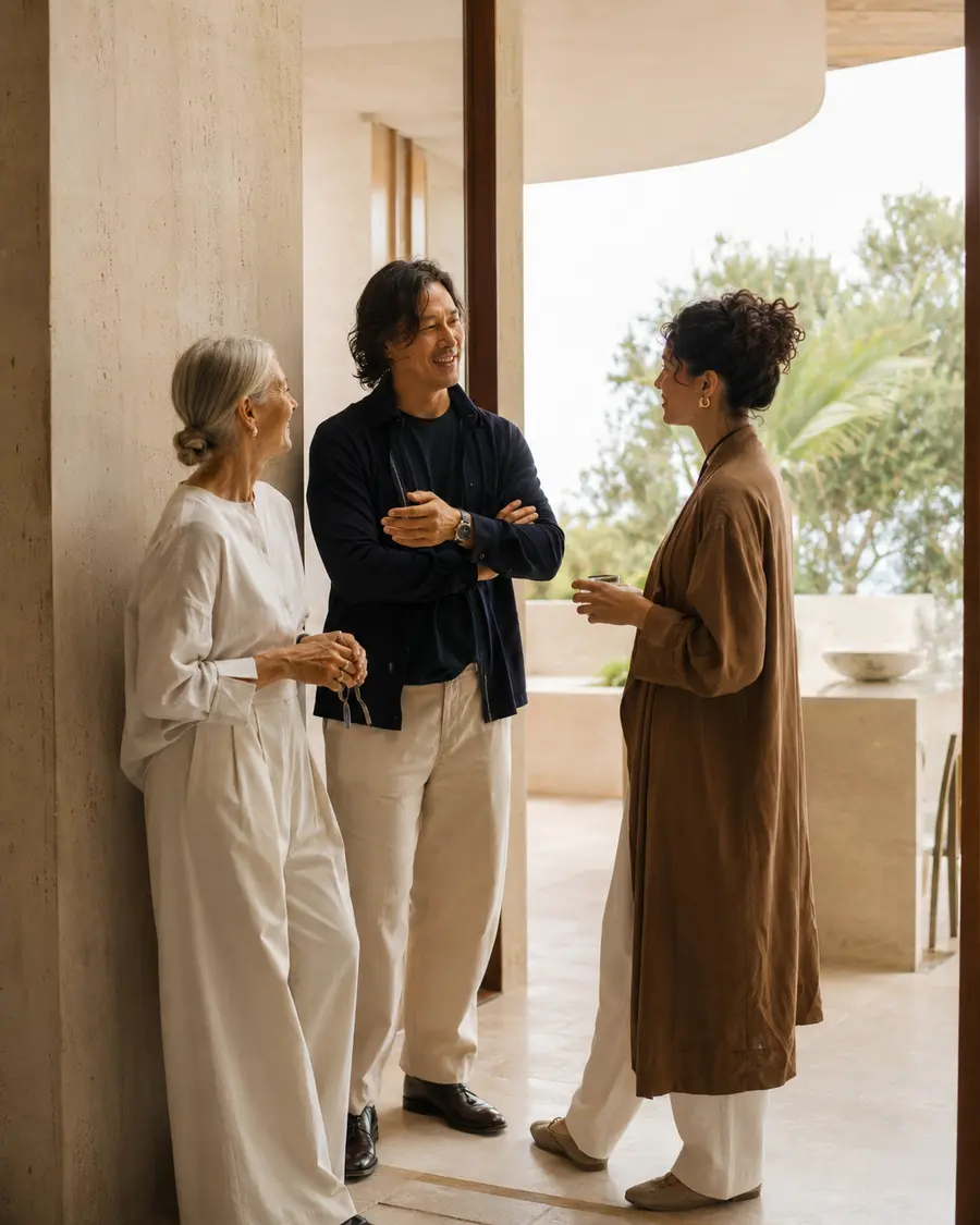 Three guests talking in a stone doorway before a gathering