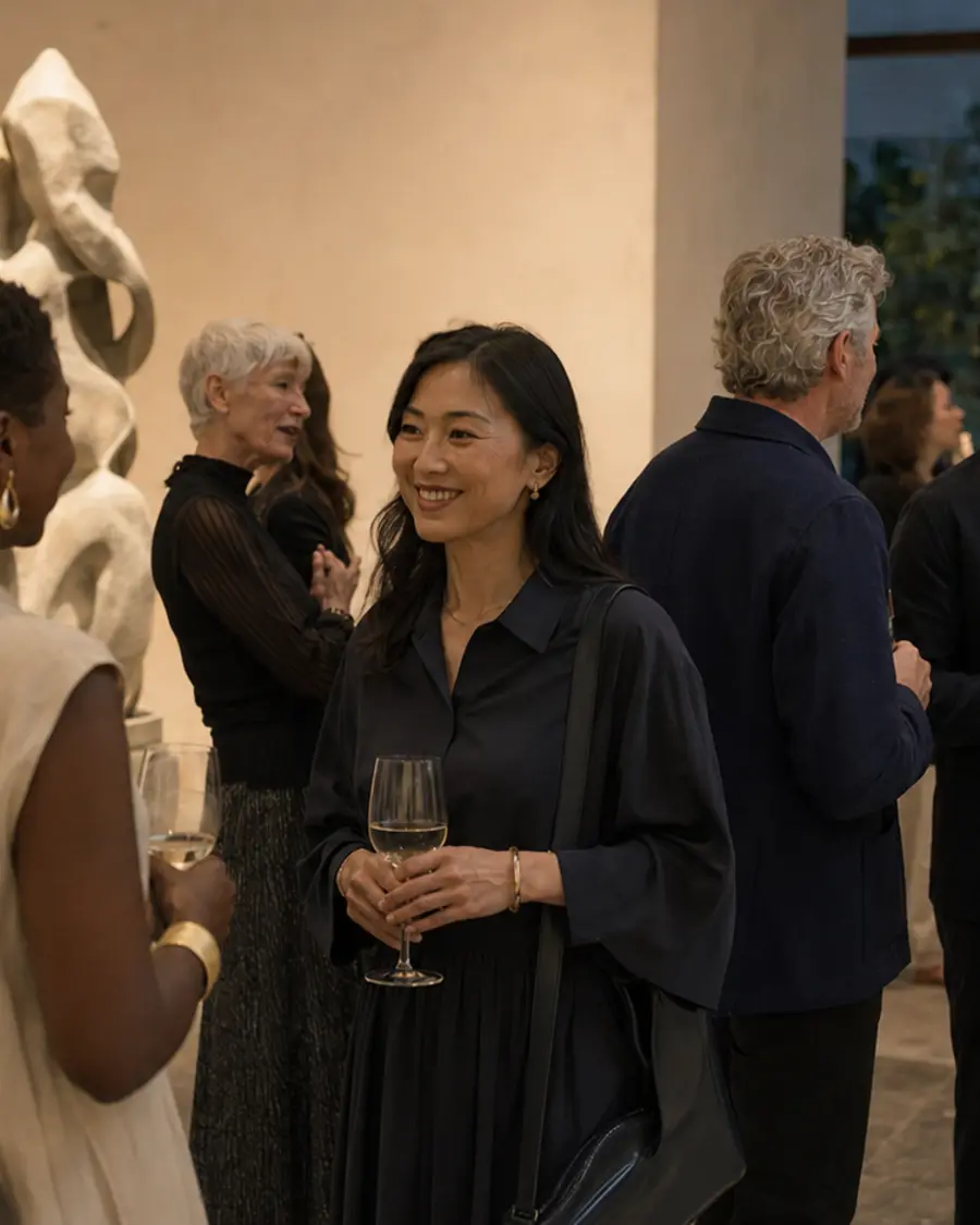 Guests talking over drinks at a gallery reception
