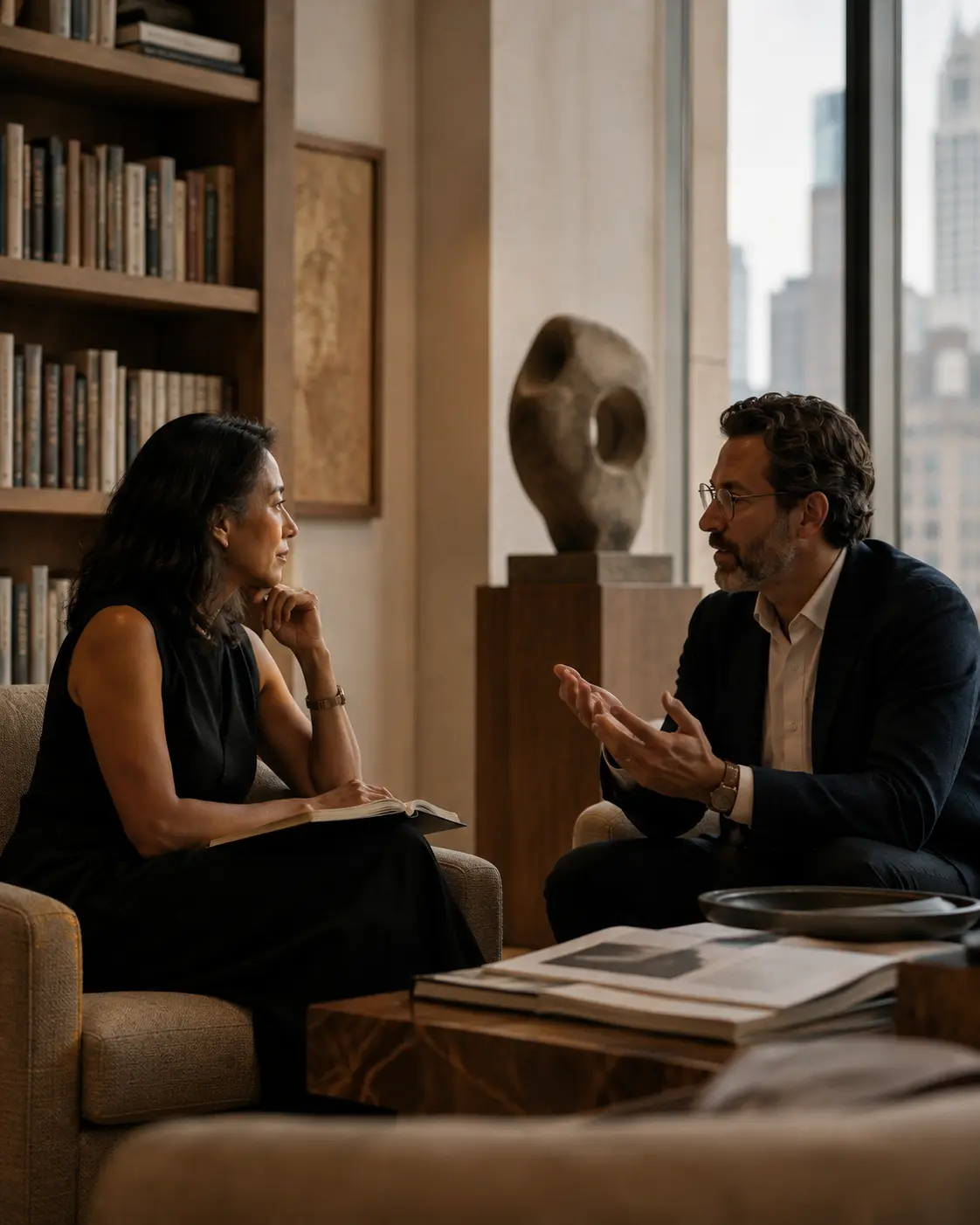 Two people in focused conversation in a sunlit room above the city