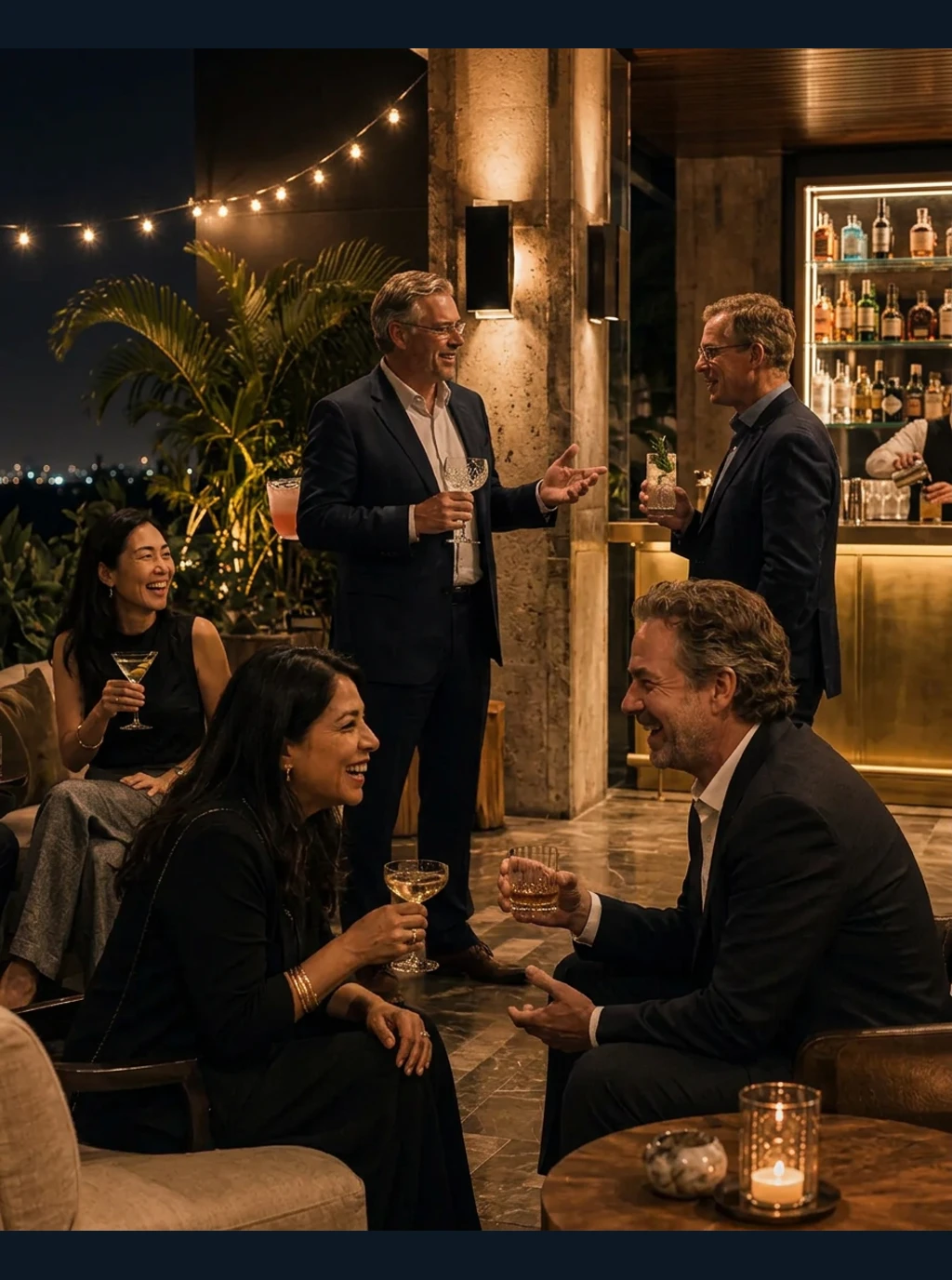 Guests talking on a warmly lit terrace during an evening gathering