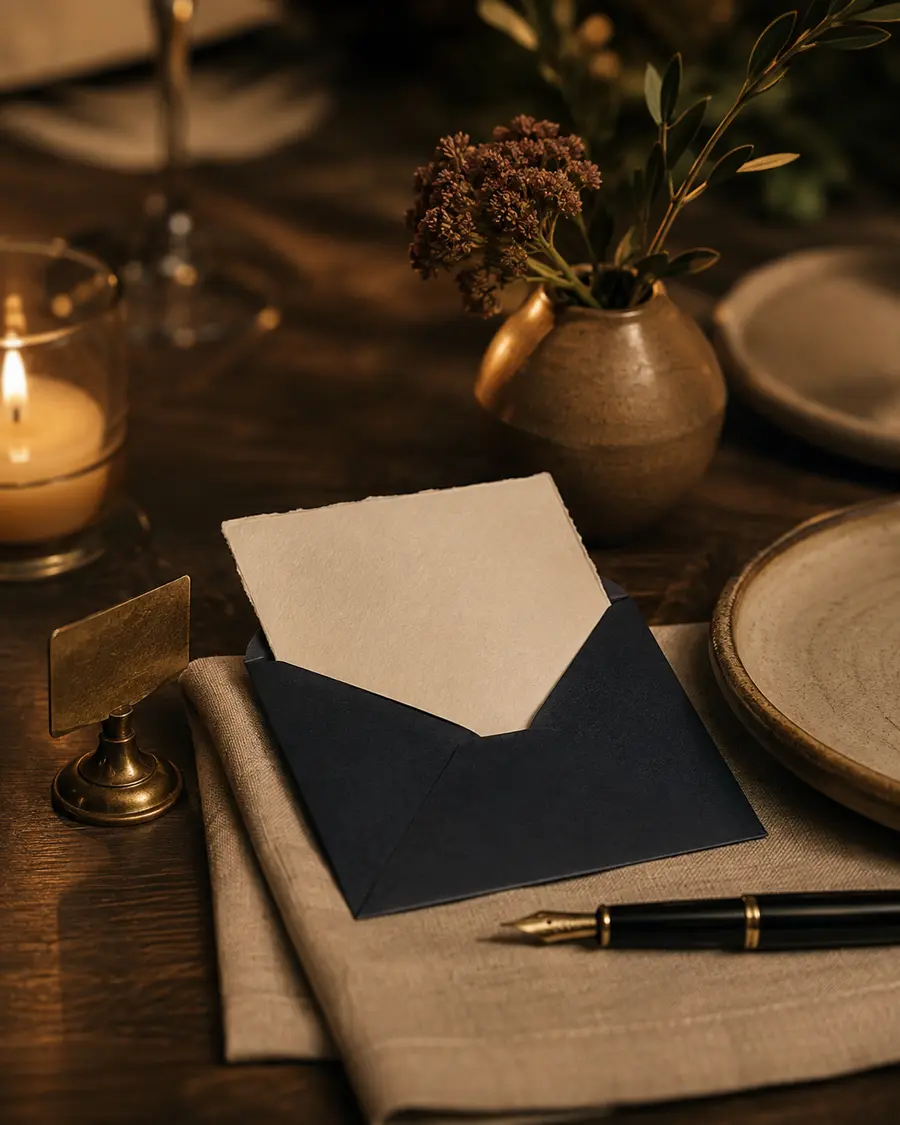 A handwritten card resting in a navy envelope on a candlelit table
