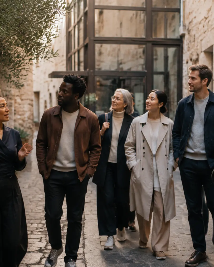 Guests walking together through a narrow old town street
