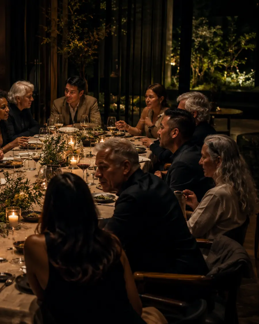 Guests seated along a candlelit dinner table in conversation