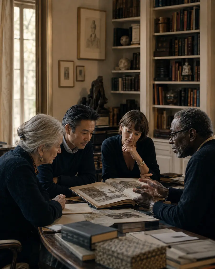Four people studying an illustrated volume together at a library table