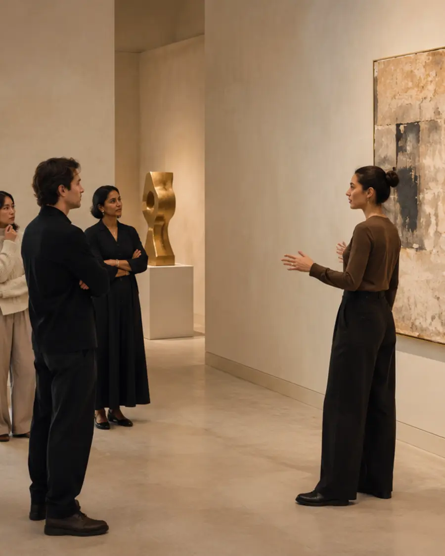 A curator speaking to a small group in front of a large painting