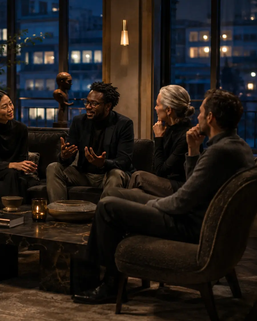 A cross generational group in relaxed conversation in a city apartment at night