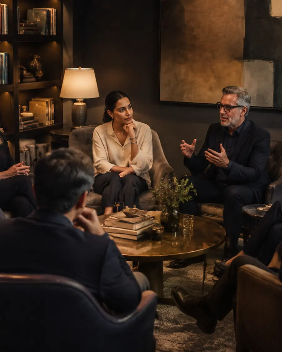 A seated circle of guests in a warm library discussion