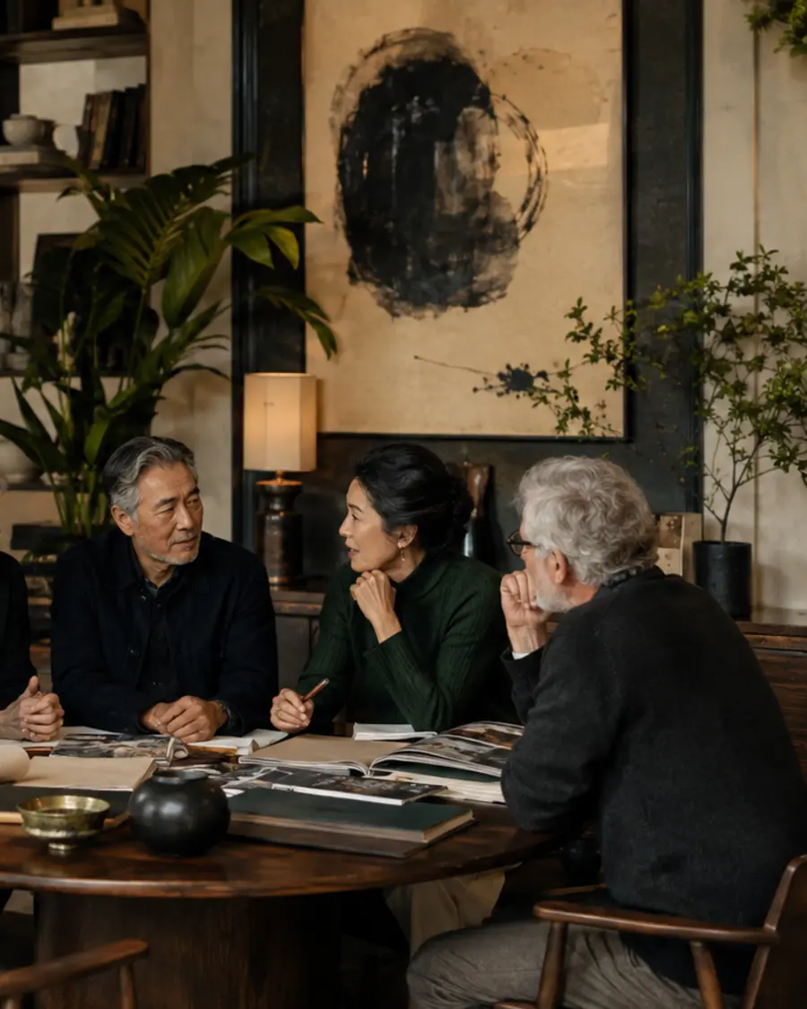 A small group in relaxed conversation around a low table in a light filled studio