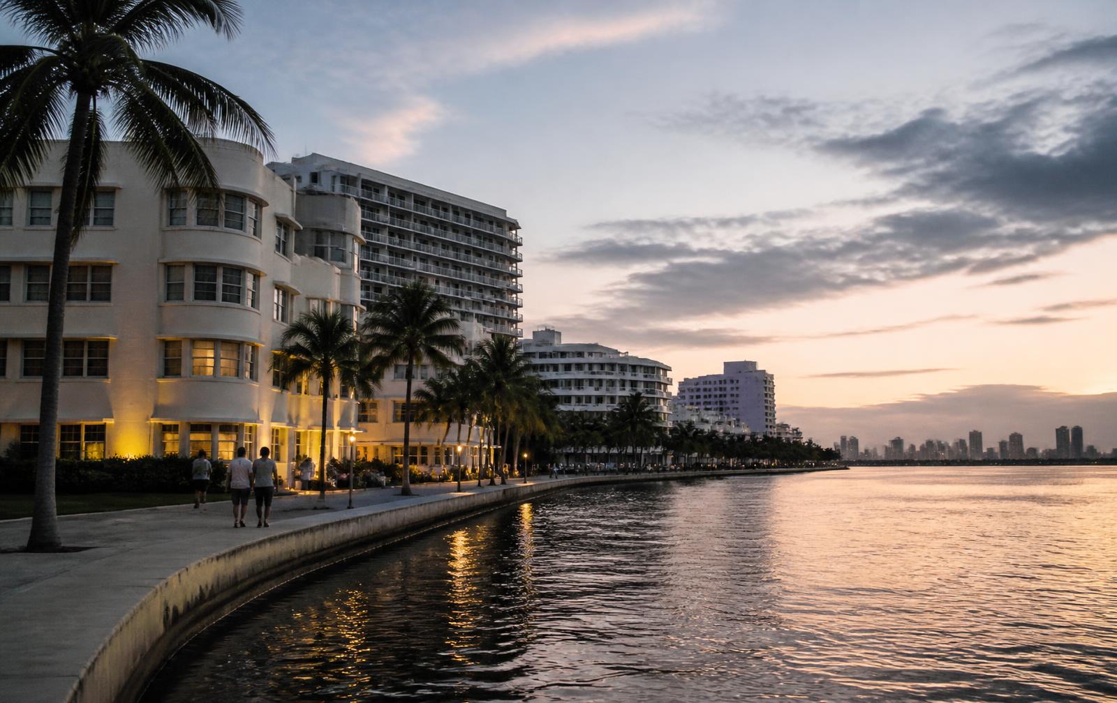People walking along a South Florida waterfront promenade at dusk